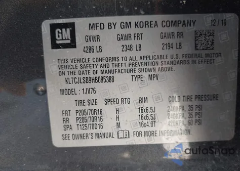 2017 Chevrolet Trax Lt from USA, damaged, VIN KL7CJLSB9HB095388